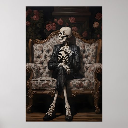 Skeleton Sitting On Sofa Print, Victorian Floral ポスター (正面)