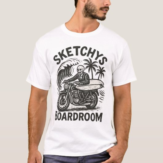 Skeleton Surfer on Motorbike – Grunge Surf Art Tee Tシャツ (正面)