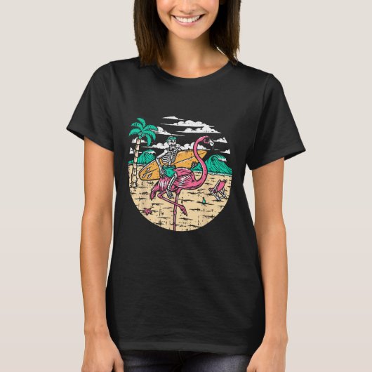 Skeleton Surfer Riding Flamingo Halloween Costume  Tシャツ (正面)