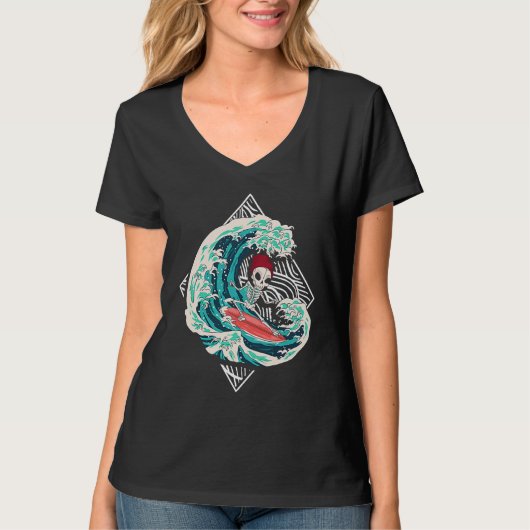 Skeleton Surfer Waves Ocean Surfboard Surfing Tシャツ (正面)