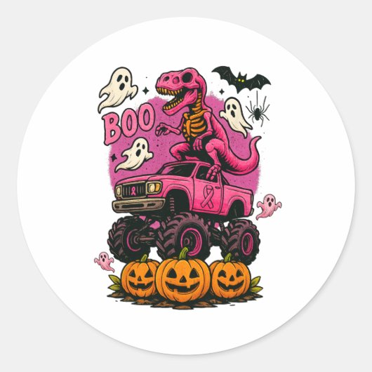 Skeleton T Rex Dinosaur Monster Truck Pumpkin Brea ラウンドシール (正面)