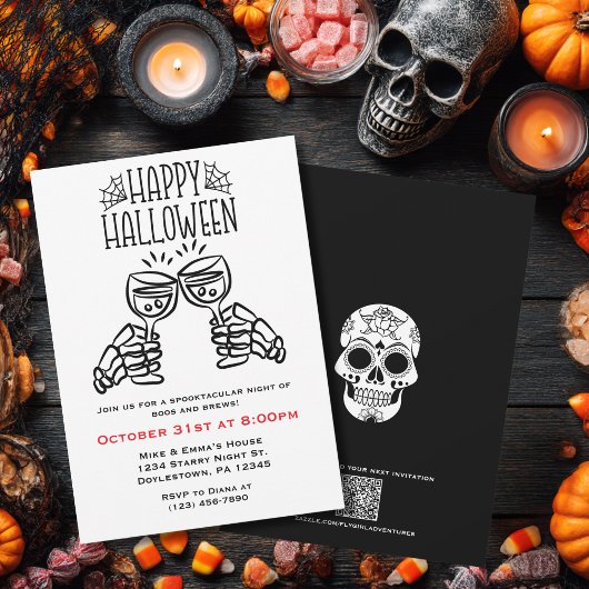 Skeleton Toasts Wine Simple Fun Halloween  招待状
