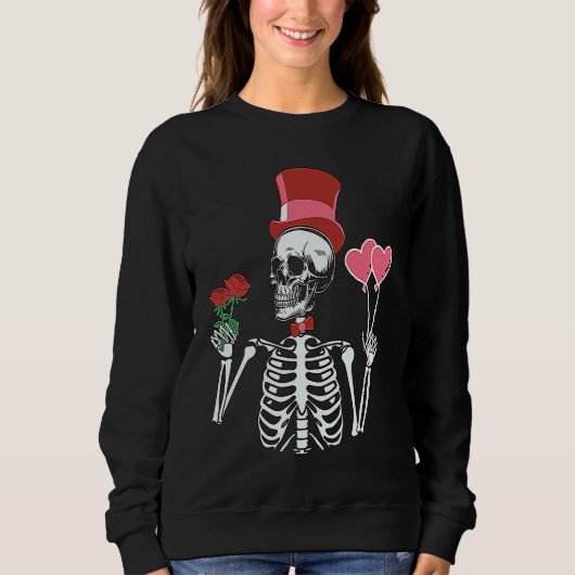 Skeleton Top Hat Rose Valentines Day Skeleton Bone スウェットシャツ (正面)