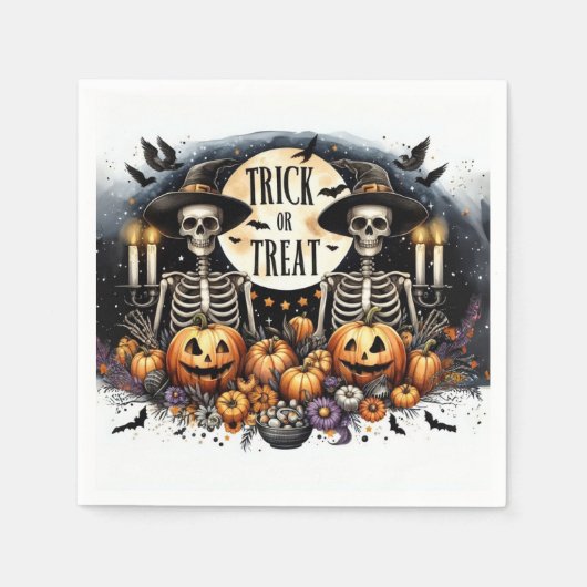 Skeleton Trick or Treat Party Paper Napkins スタンダードカクテルナプキン (正面)