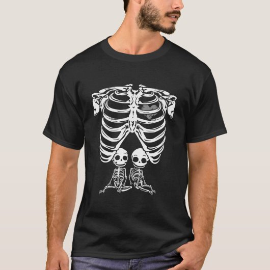 Skeleton Twin Pregnancy Pregnant Halloween Tシャツ (正面)