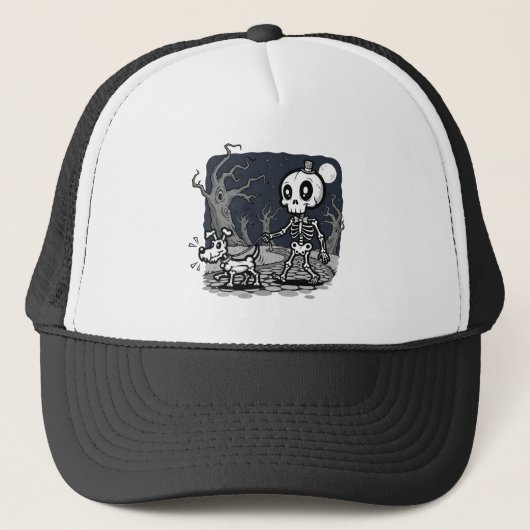 Skeleton Walking Dog Halloween Art キャップ (正面)