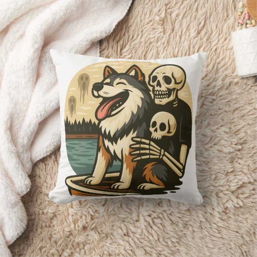 Skeleton with Dog on Haunted Lake Horror Art クッション (ブランケット)