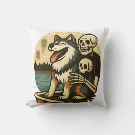 Skeleton with Dog on Haunted Lake Horror Art クッション