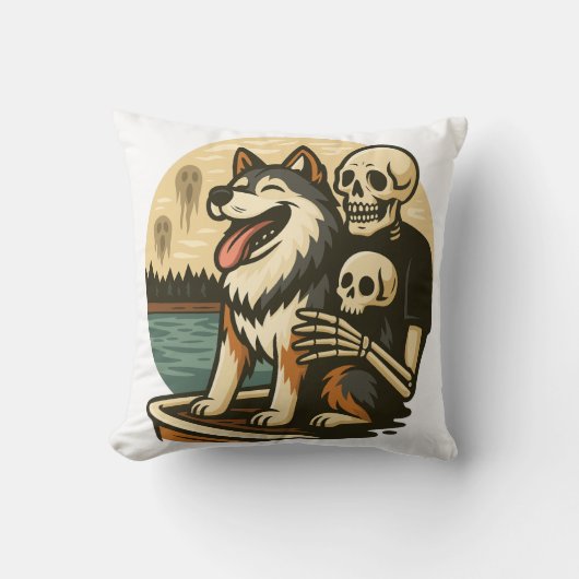 Skeleton with Dog on Haunted Lake Horror Art クッション (正面)