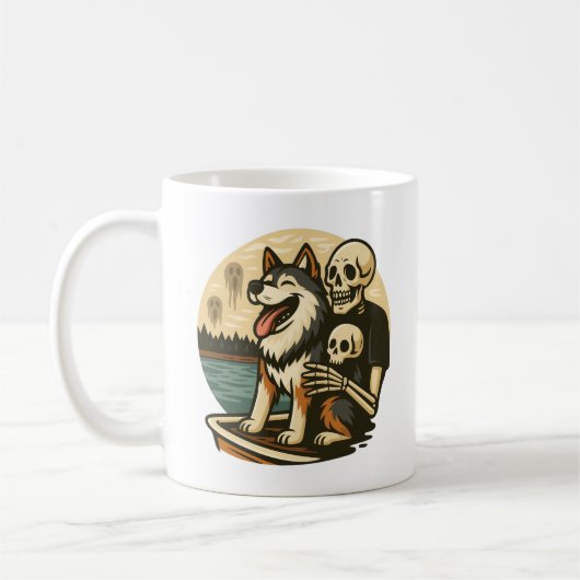 Skeleton with Dog on Haunted Lake Horror Art コーヒーマグカップ (左)