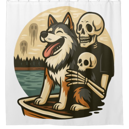 Skeleton with Dog on Haunted Lake Horror Art シャワーカーテン (正面)