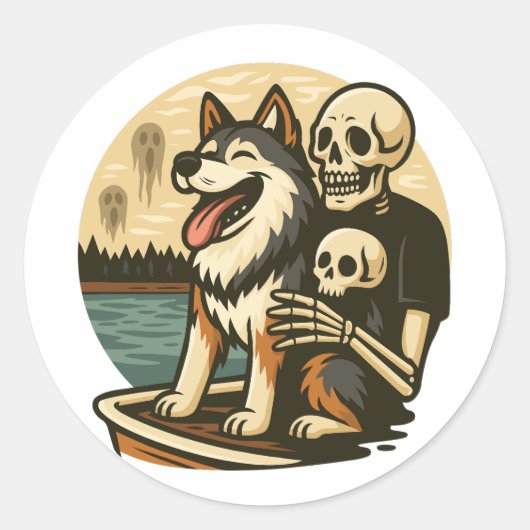Skeleton with Dog on Haunted Lake Horror Art ラウンドシール (正面)