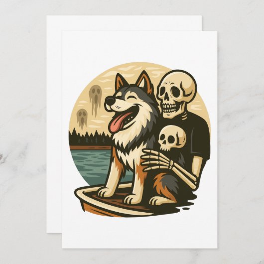 Skeleton with Dog on Haunted Lake Horror Art 招待状 (正面/裏面)
