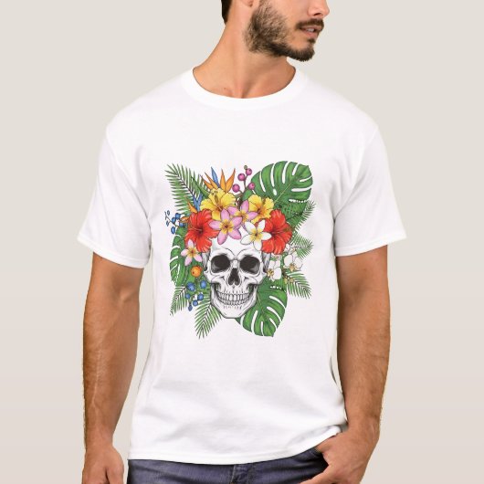 Skeleton with Leaves and Flowers T-Shirt – Gothic  Tシャツ (正面)