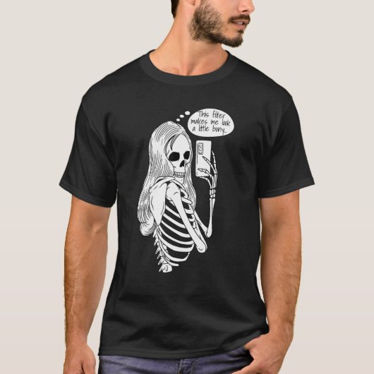Skeleton Woman with Cell Phone Taking Selfie Skull Tシャツ (正面)