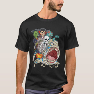 Skeleton Zombie Riding Mummy Shark Vampire Hallowe Tシャツ