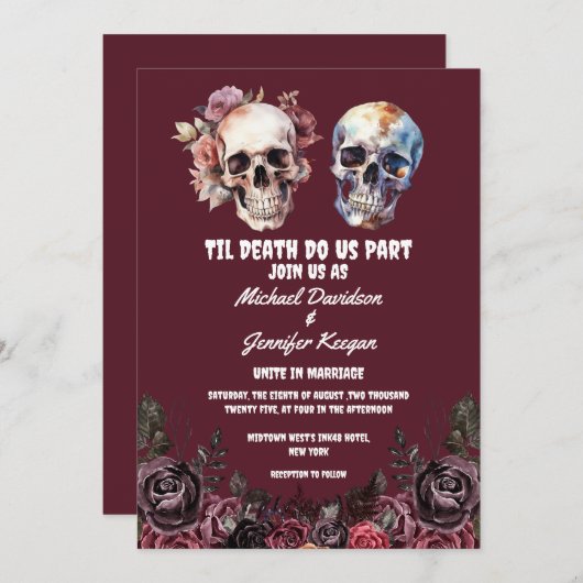 skeletons floral gothic halloween red wedding 招待状 (正面/裏面)