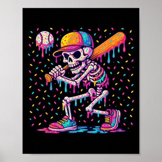 Skelton Playing Baseball Halloween Baseball Drip B ポスター (正面)