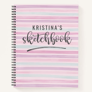 Sketchbookかわいいピンクの水色ストライプ ノートブック
