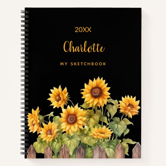 Sketchbookひまわりの黒いフローラ素朴 ノートブック (正面)