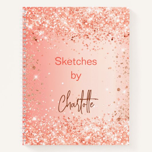 Sketchbookオレンジ色のバラ金ゴールドグリッター名スクリプト ノートブック (正面)