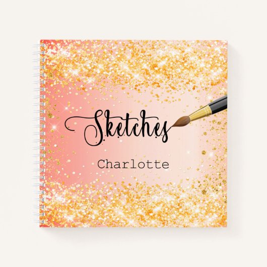 Sketchbookオレンジ金ゴールドグリッター絵を描 ノートブック (正面)