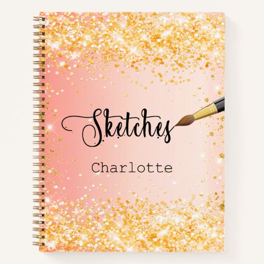 Sketchbookオレンジ金ゴールドグリッター絵を描 ノートブック (正面)