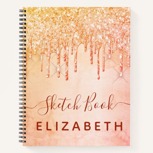 Sketchbookサンゴバラ金ゴールドピンクグリッタードリップスグラム ノートブック (正面)