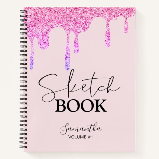 Sketchbookピンクのグリッタードリップススクールあなたの名前 ノートブック (正面)