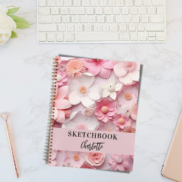 Sketchbookピンクの白い花名スクリプト ノートブック