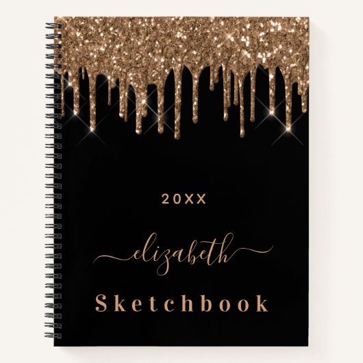 Sketchbookブラック金ゴールドグリッタードリップモノグラム名 ノートブック (正面)
