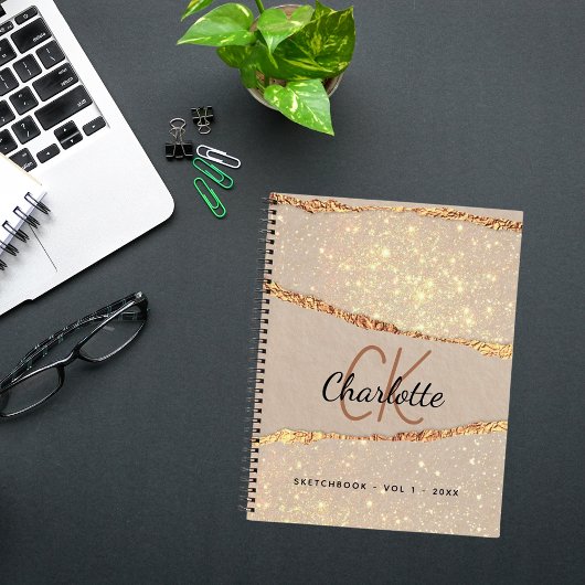 Sketchbookベージュ金ゴールドアゲート大理石モノグラム ノートブック