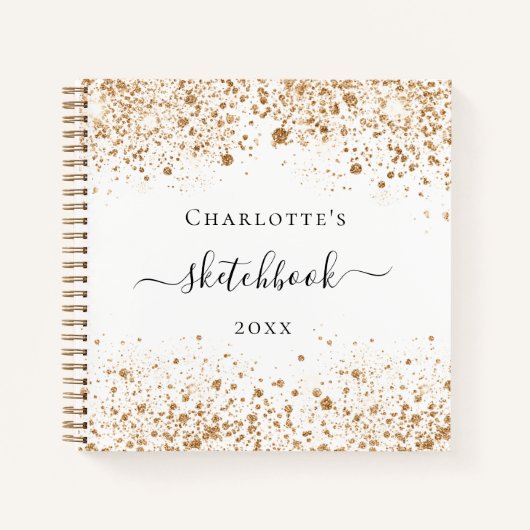 Sketchbookホワイト金ゴールドグリッター名エレガント ノートブック (正面)