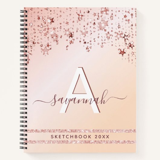 Sketchbookモノグラムバラ金ゴールドピンクの星 ノートブック (正面)