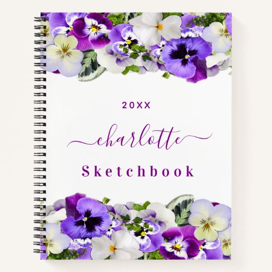Sketchbook紫の花模様白モノグラム ノートブック (正面)