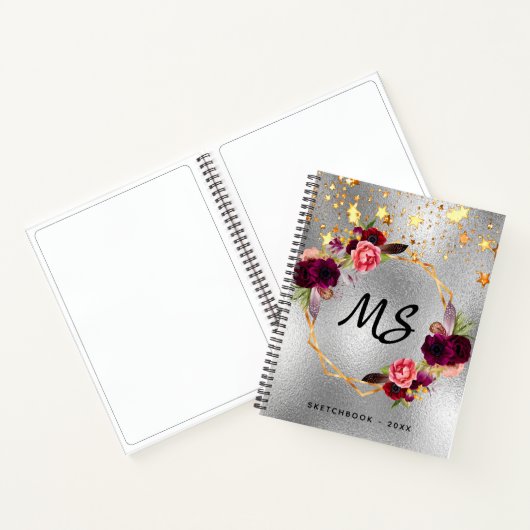 Sketchbook銀モノグラム金ゴールドフローラバーガンディ ノートブック (内部)