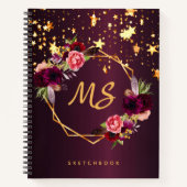 Sketchbook burgundy花模様金ゴールドスターズmonogram ノートブック (正面)