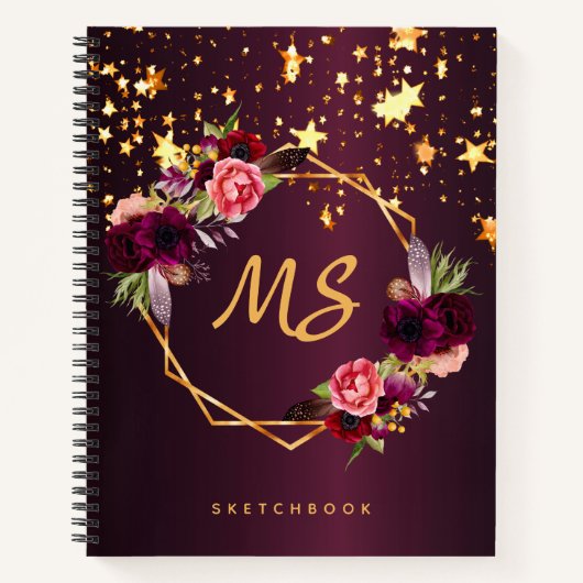 Sketchbook burgundy花模様金ゴールドスターズmonogram ノートブック (正面)