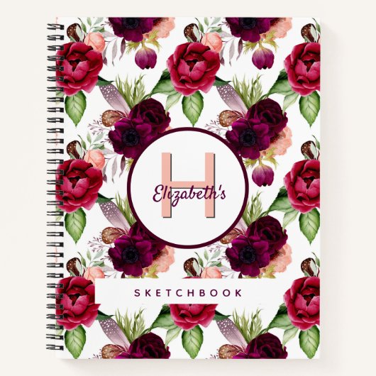 Sketchbook burgundy flowers monogram ノートブック (正面)