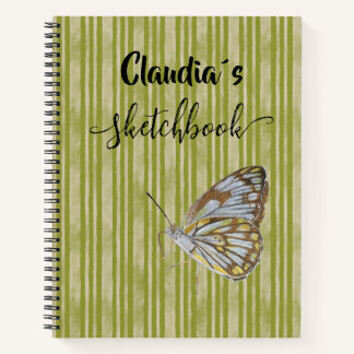 Sketchbook butterfly on green stripes add name ノートブック
