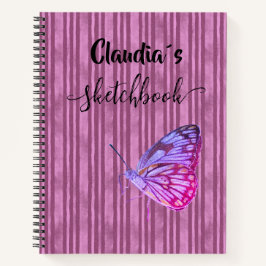 Sketchbook butterfly on pink stripes add name ノートブック