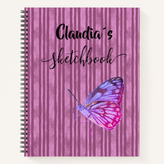 Sketchbook butterfly on pink stripes add name ノートブック