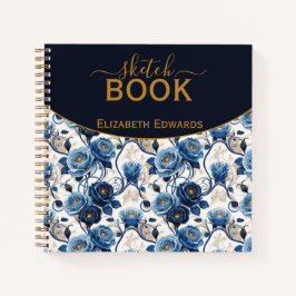 Sketchbook Elegante Rosas Azules y Oro Personaliza ノートブック