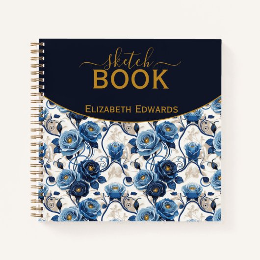 Sketchbook Elegante Rosas Azules y Oro Personaliza ノートブック (正面)