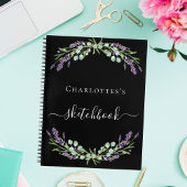 Sketchbook lavender greenery violet花模様ブラック ノートブック