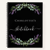 Sketchbook lavender greenery violet花模様ブラック ノートブック (正面)