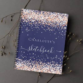 Sketchbook navy blueバラ金ゴールド名スクリプト ノートブック