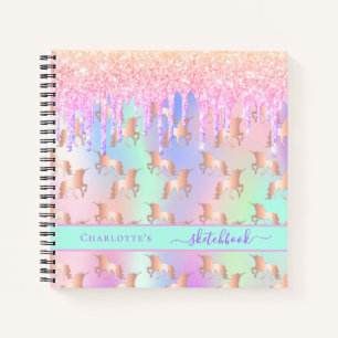 Sketchbook unicornピンクのホログラフィックネームガール ノートブック