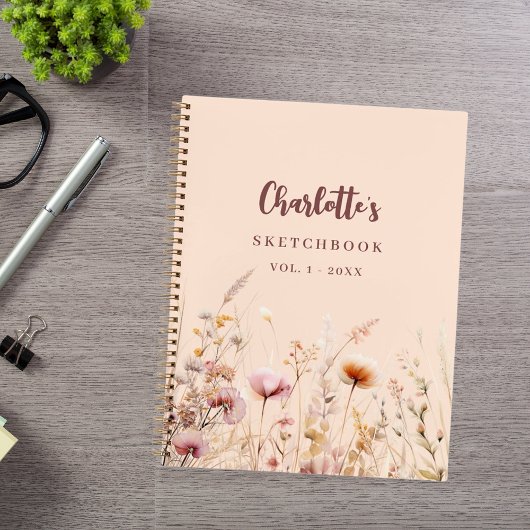 Sketchbook wildflowers pink peach name script ノートブック