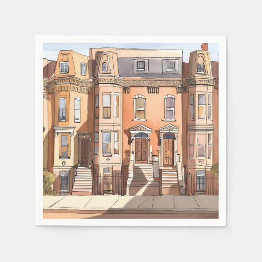 Sketched Brownstones | Boston Street Painting スタンダードカクテルナプキン (正面)